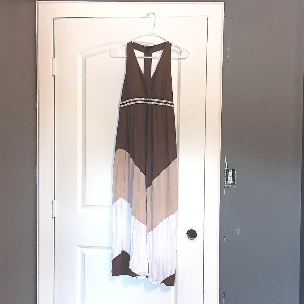 Women's INC Brown & White Sundress with Beading & Ruching, Size Small